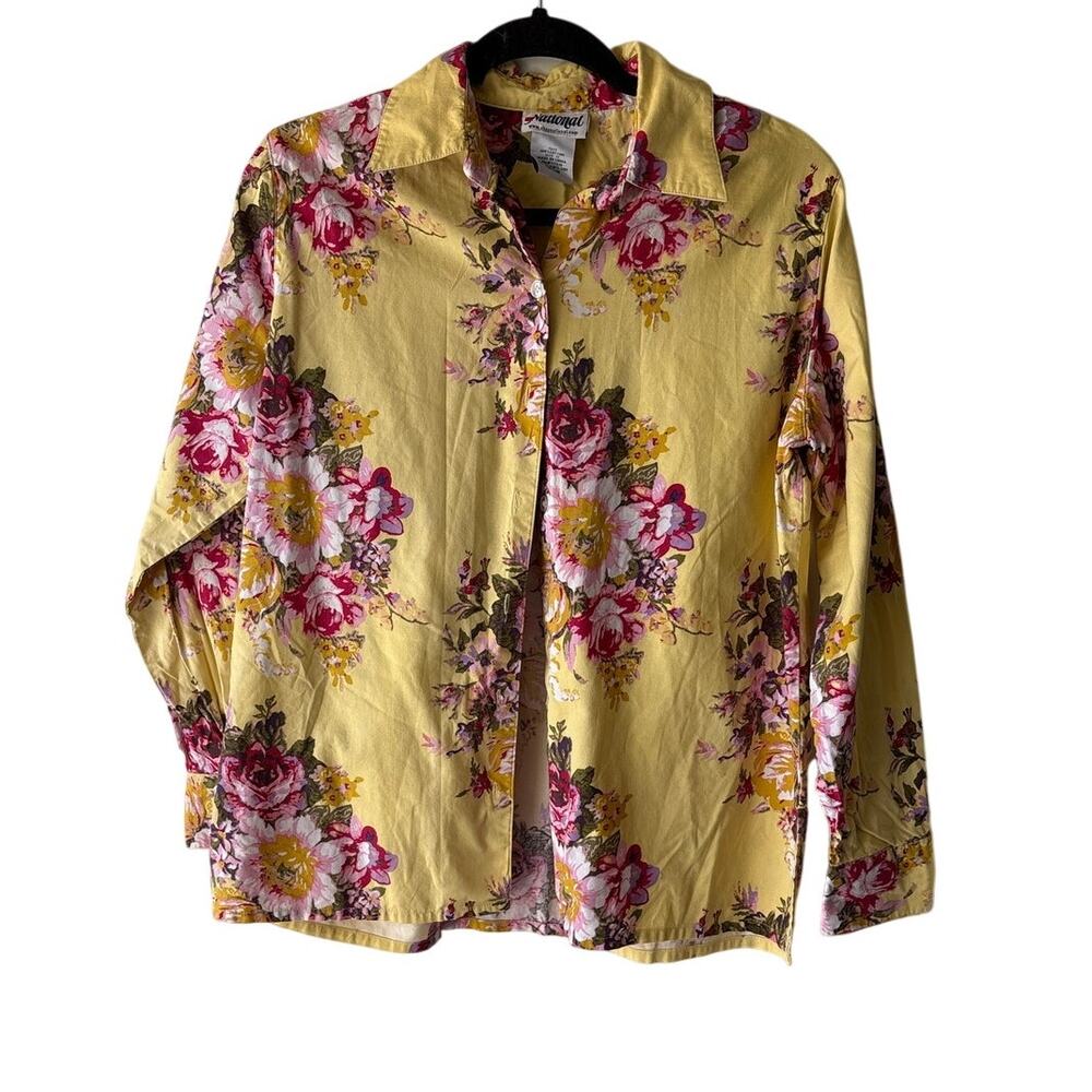 Vintage National Yellow Floral Button Down Blouse Long Sleeve Cottagecore